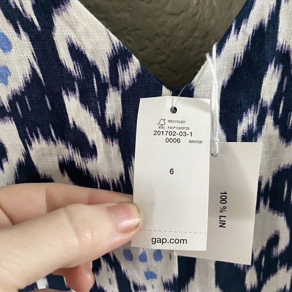 Gap 100% Linen Mini Dress Batik Ikat Blue Fit Flare Sleeveless Womens Size 6 NWT - Picture 6 of 11